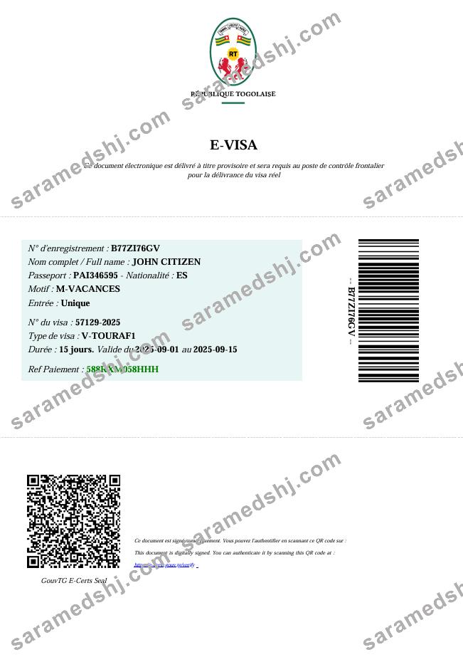 Togo e-visa template in Word and PDF formats